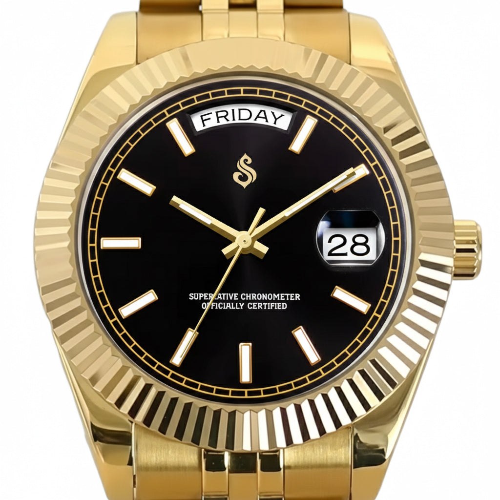 Seiko Mod Day & Date watch black gold dial luxury handcrafted by Modtime Creations