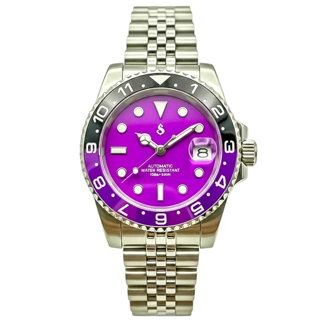 Seikmariner Joker Seiko Mod luxury diver watch with purple dial and silver stainless steel case and bracelet
