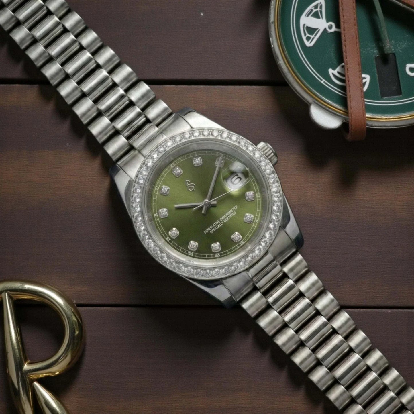 Seiko Mod SeikoJust Date Window watch with green dial and bling bezel by Modtime