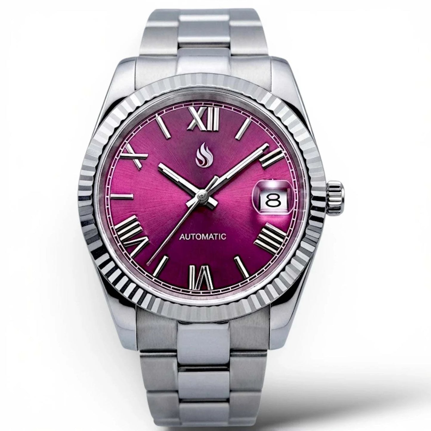 Seiko mod watches datejust "Fuchsia" Purple Dial Fluted Bezel with oyster-style bracelet at Modtime Creations 