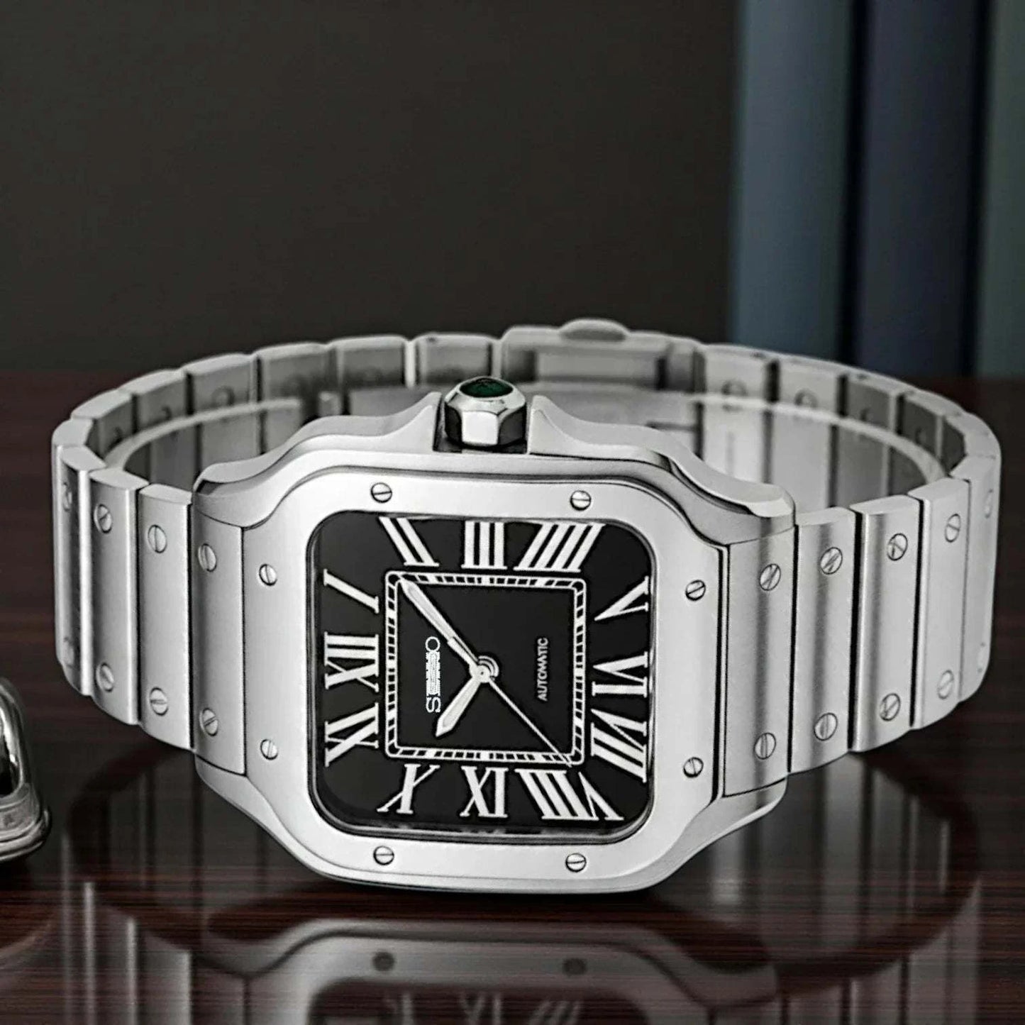 Santeiko silver case Seiko Mod watch with black dial and stainless steel bracelet by Modtime Creations
