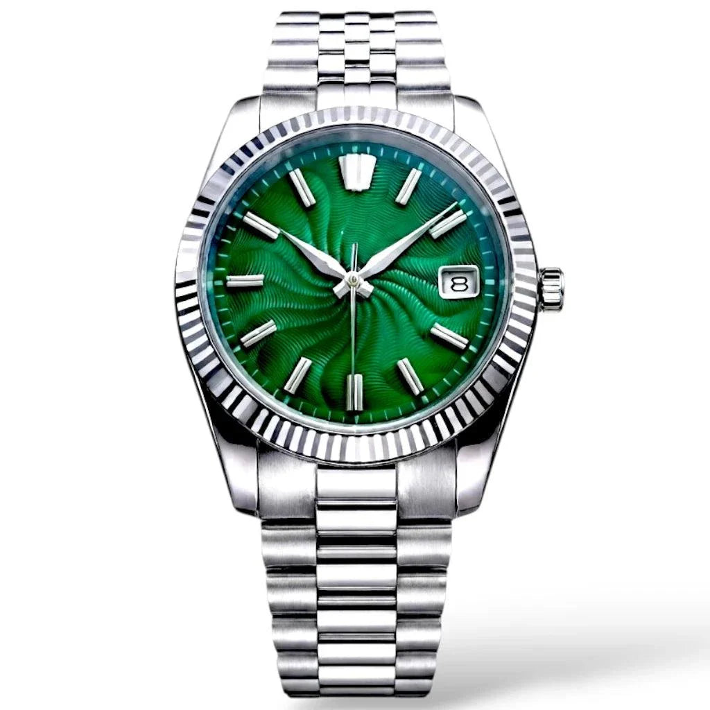 Seiko mod watches datejust green Guilloche dial with Stainless-Steel Bracelet by Modtime Creations 