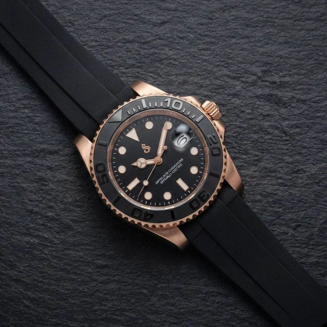 Modded Seiko Black Rose Gold Diver watch with sapphire crystal and NH35 automatic movement by Modtime Creations