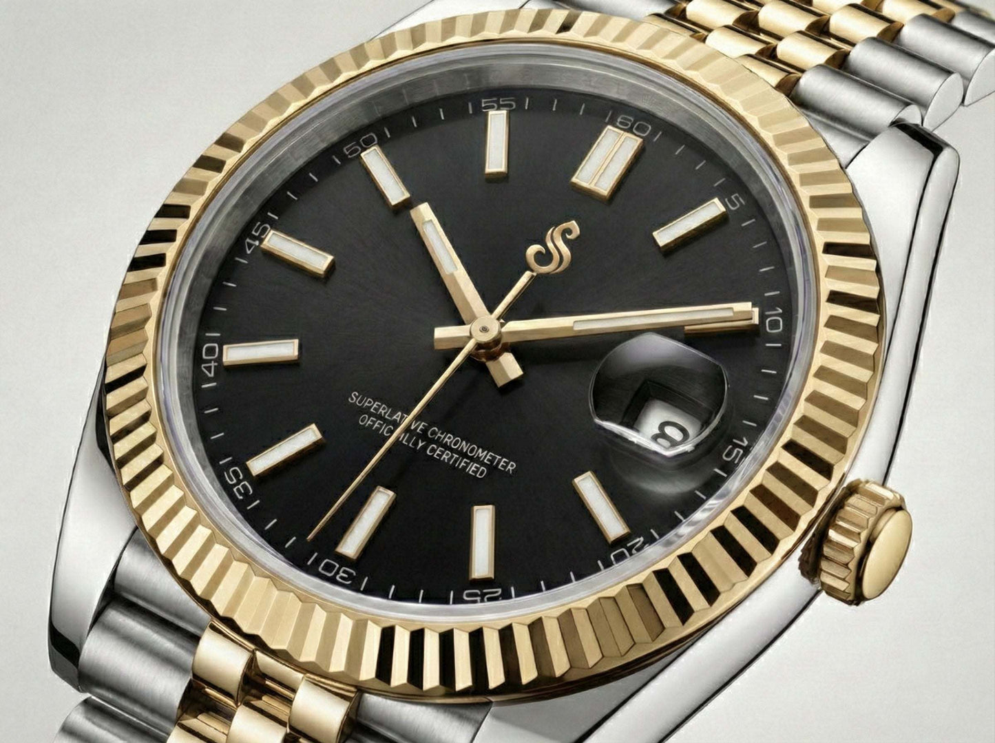 Seiko Mod two-tone watch with black dial and gold fluted bezel by Modtime Creations