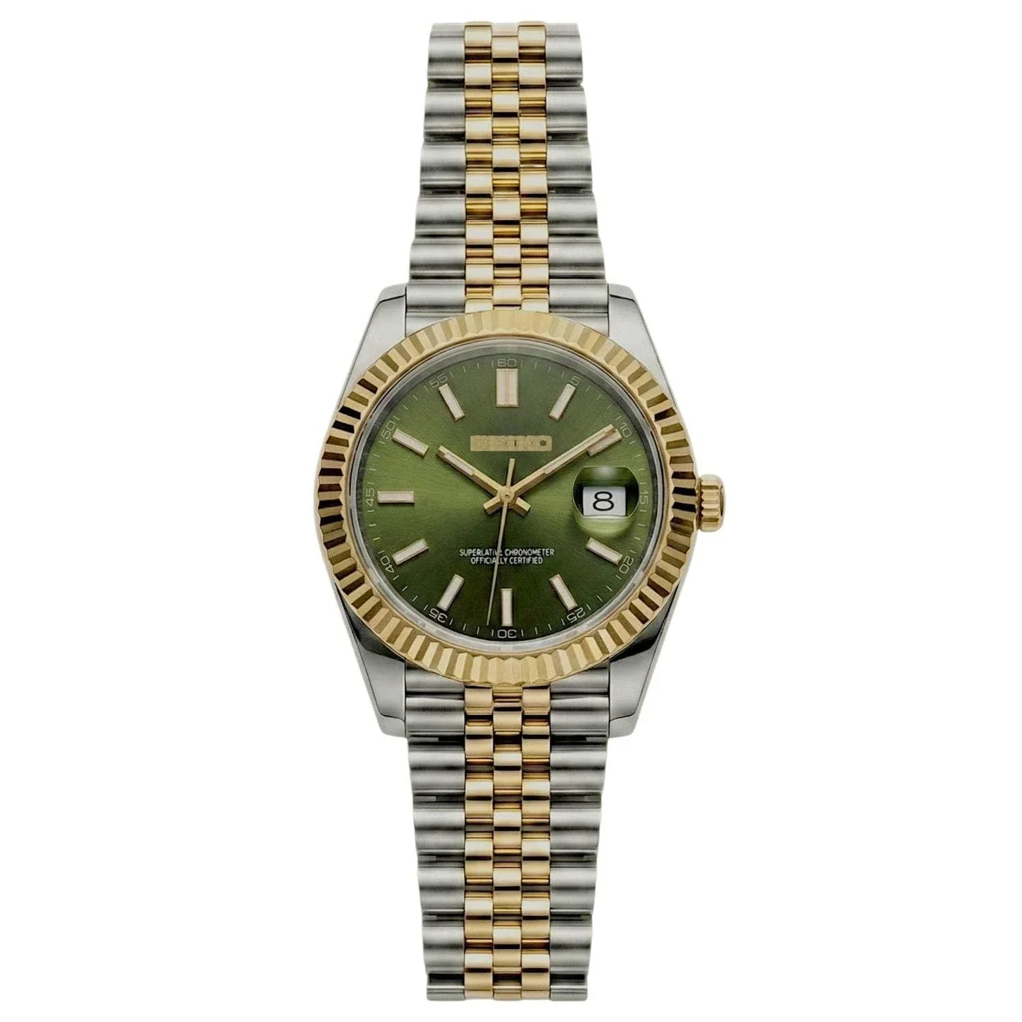 SeikJust Seiko Mod olive green dial two-tone luxury watch with date window by Modtime Creations