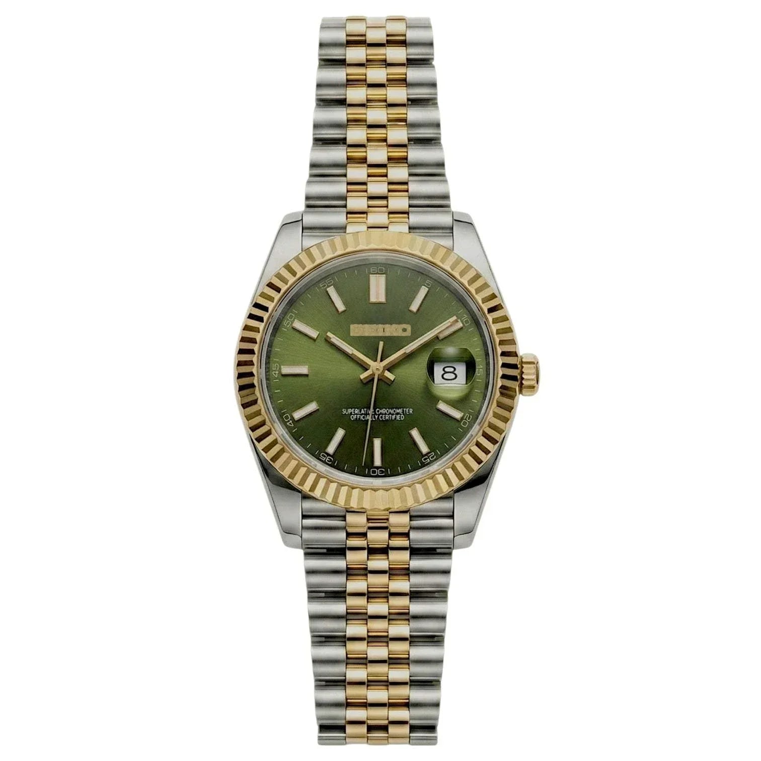 SeikJust Seiko Mod olive green dial two-tone luxury watch with date window by Modtime Creations