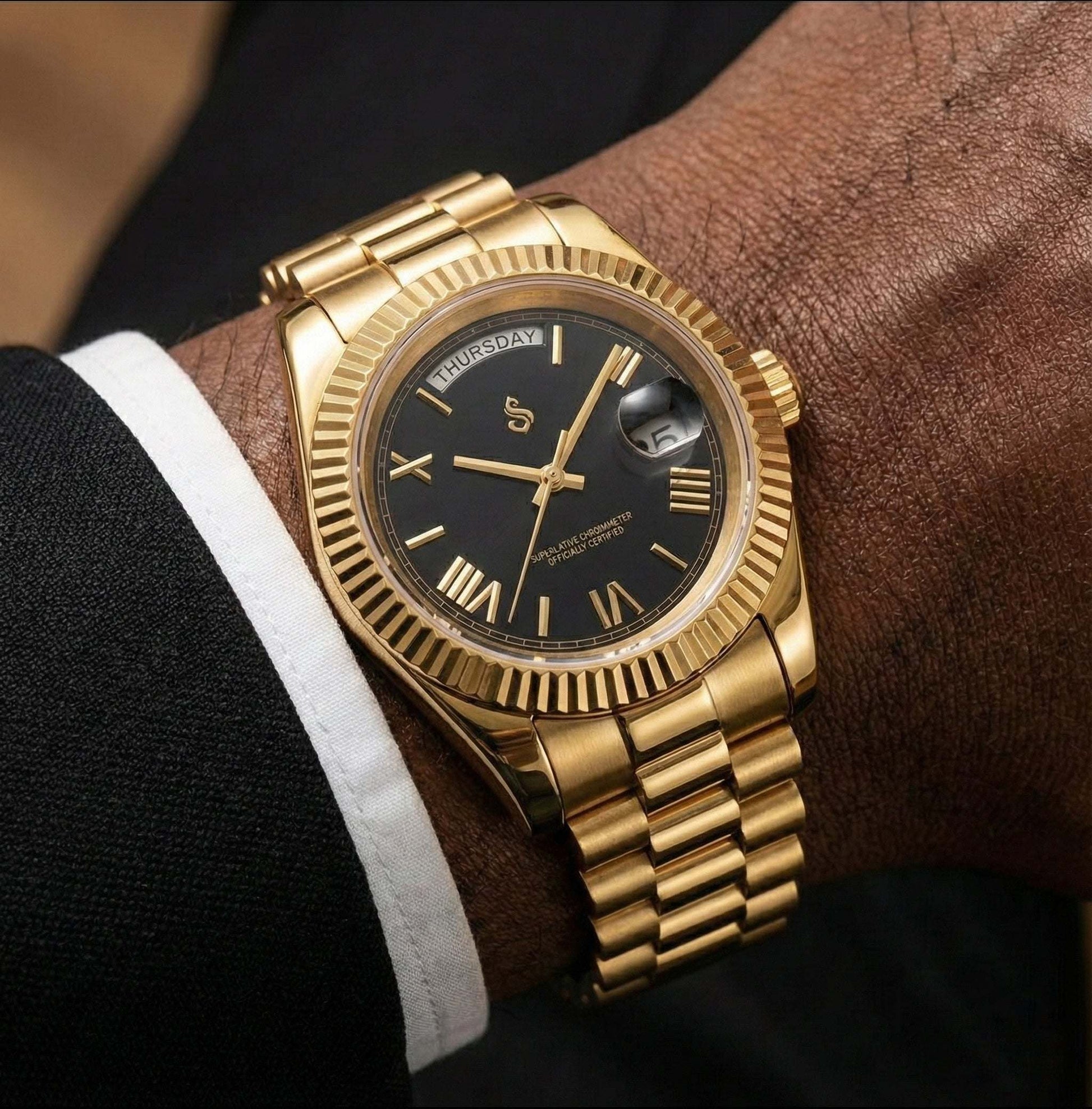 Modded Seiko watch with black gold dial and Roman numerals from Modtime Creations