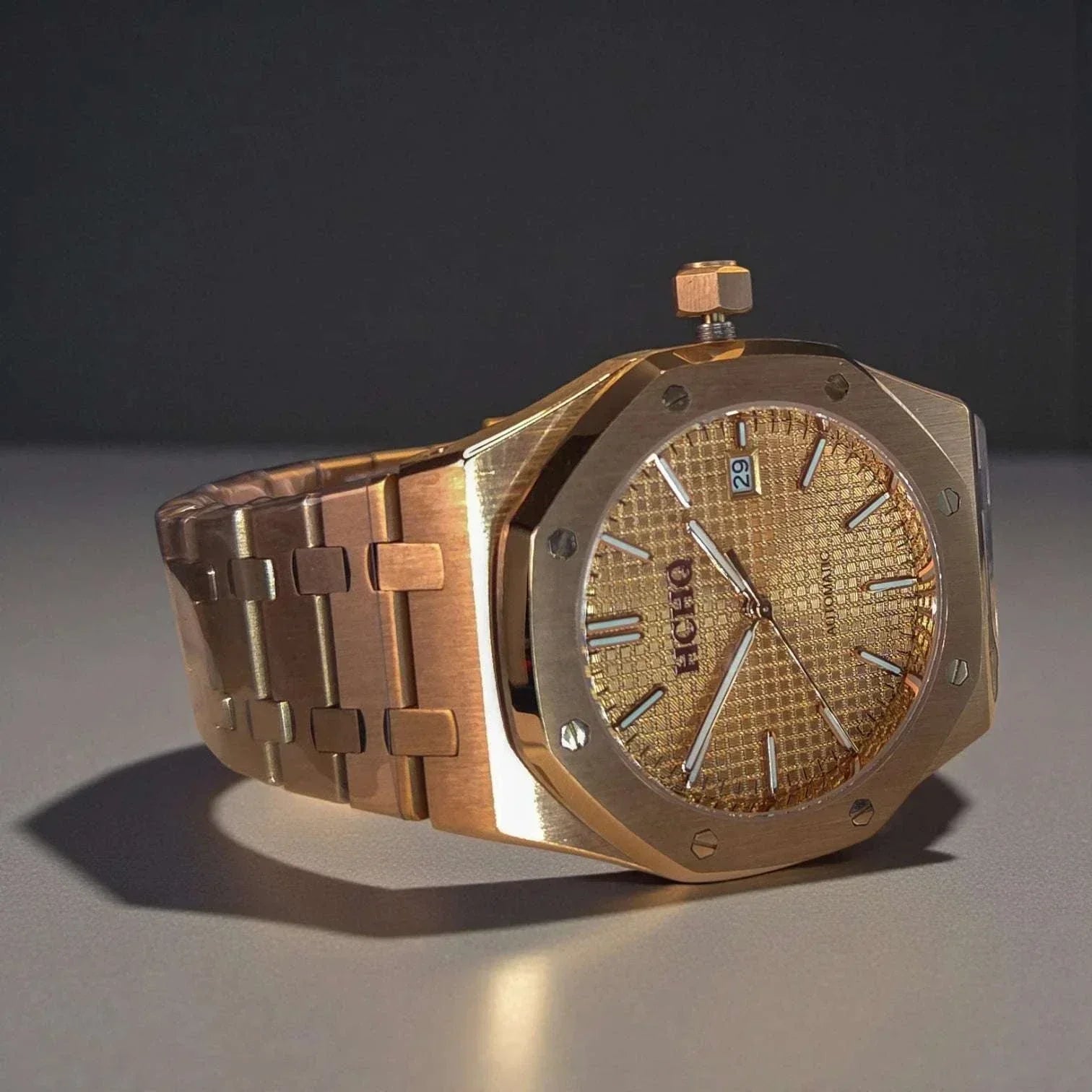 Seiko Mod Royal Oak Rose Gold custom watch with black dial and sapphire crystal