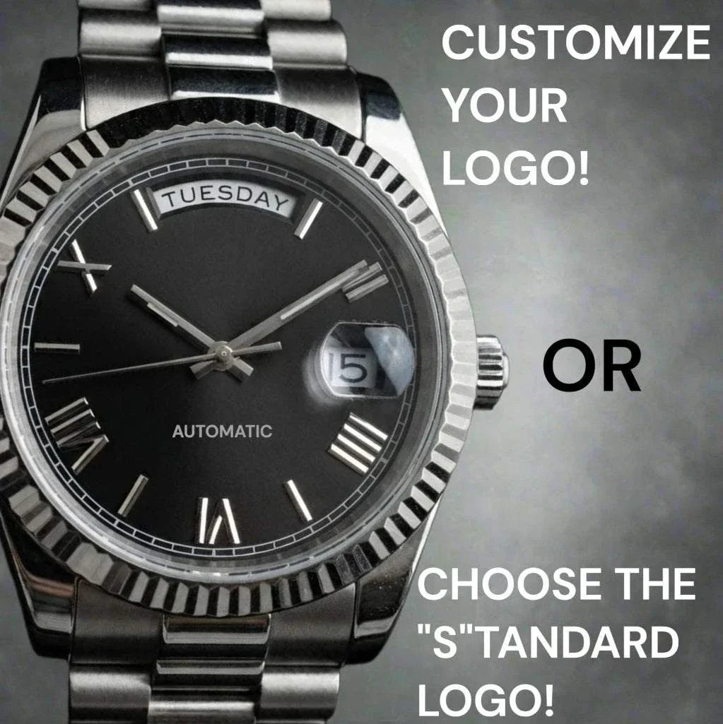 Modded Seiko Watches DayDate Black  Roman Numerals Dial with Silver Fluted Watch case built by Modtime Creations