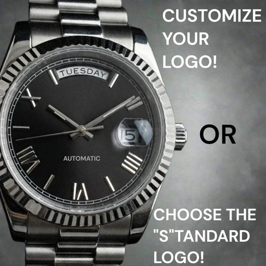 Modded Seiko Watches DayDate Black  Roman Numerals Dial with Silver Fluted Watch case built by Modtime Creations