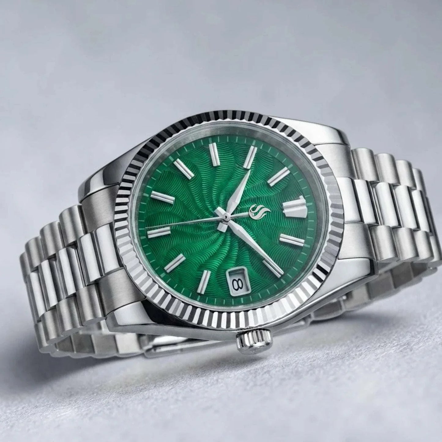 Seiko mod watches datejust green Guilloche dial with Stainless-Steel Bracelet by Modtime Creations 
