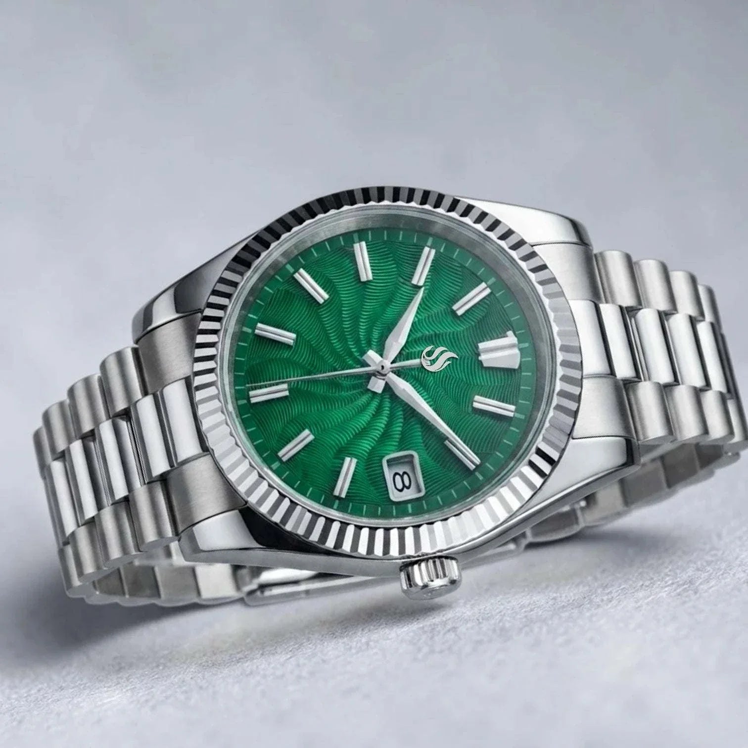 Seiko mod watches datejust green Guilloche dial with Stainless-Steel Bracelet by Modtime Creations 