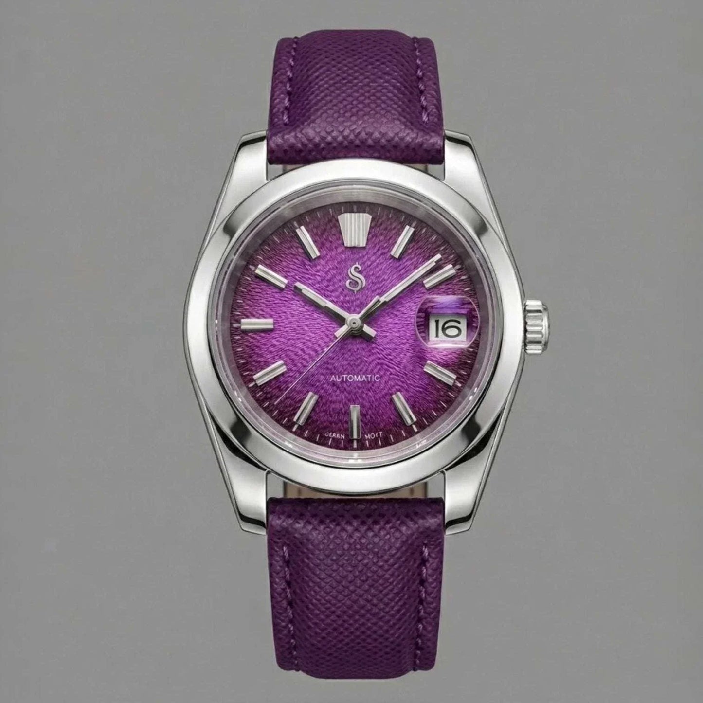 Seiko Mod Datejust watch with textured grand purple dial and stainless steel case by Modtime Creations