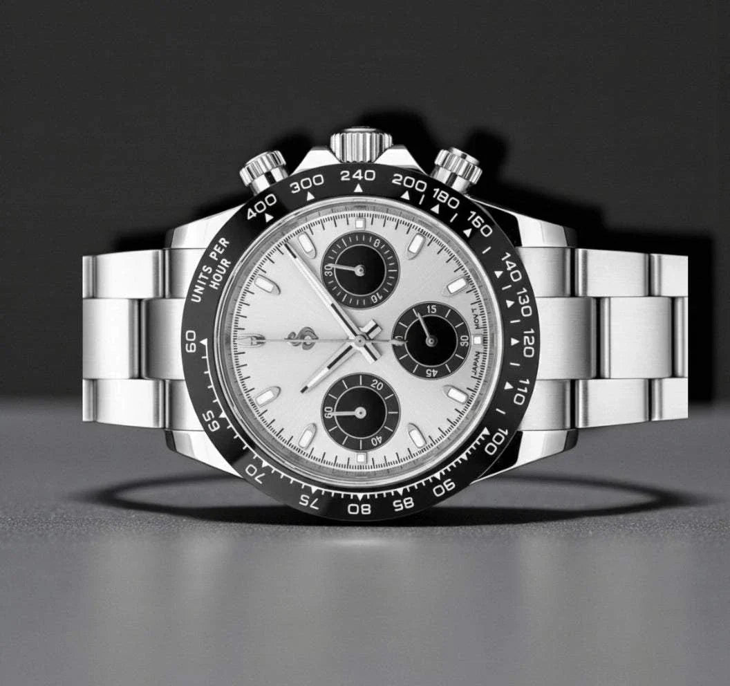 Seiko Mod Seitona Silver Black Dial chronograph watch with stainless steel bracelet and ceramic bezel