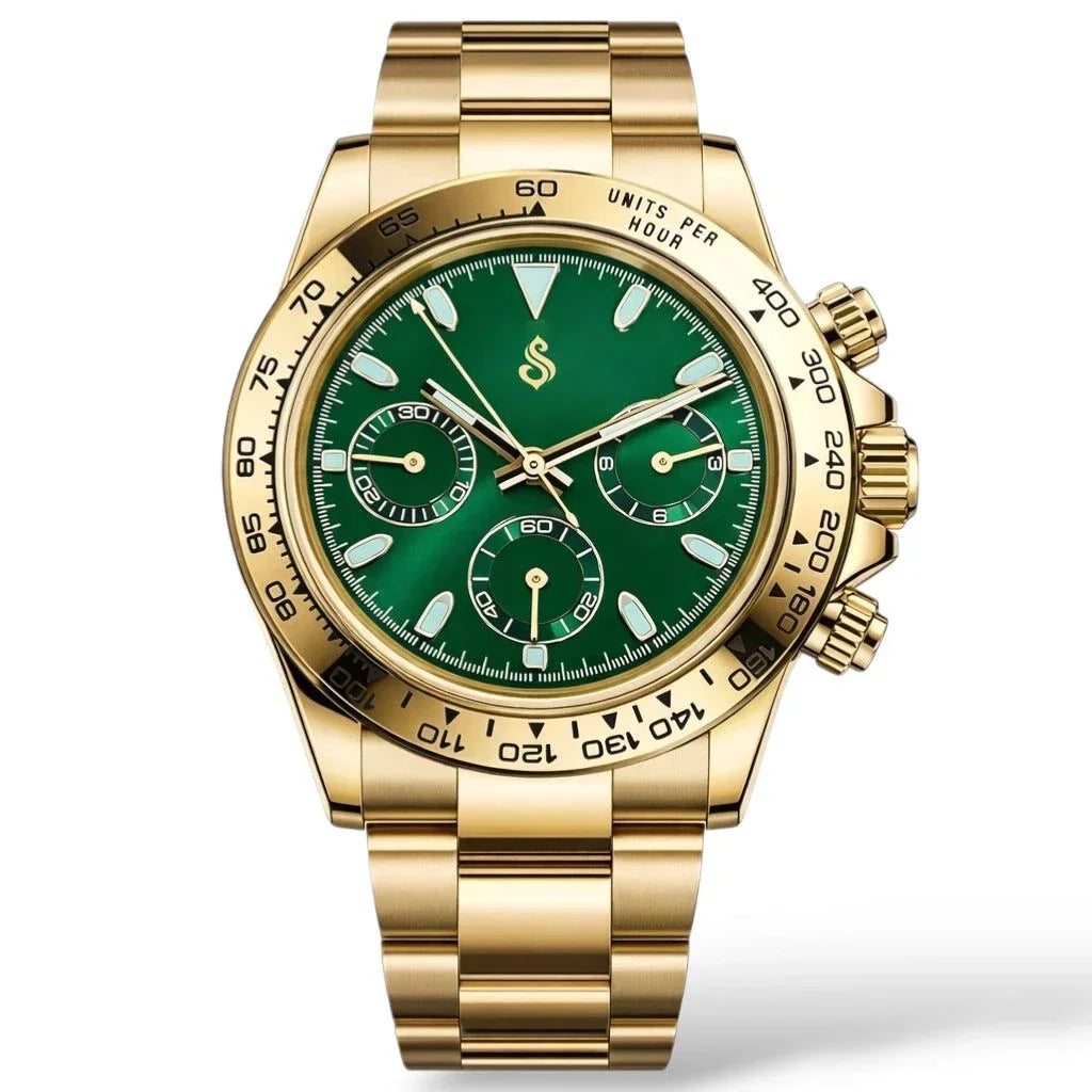 Seitona gold case Seiko mod watch with green dial and chronograph features