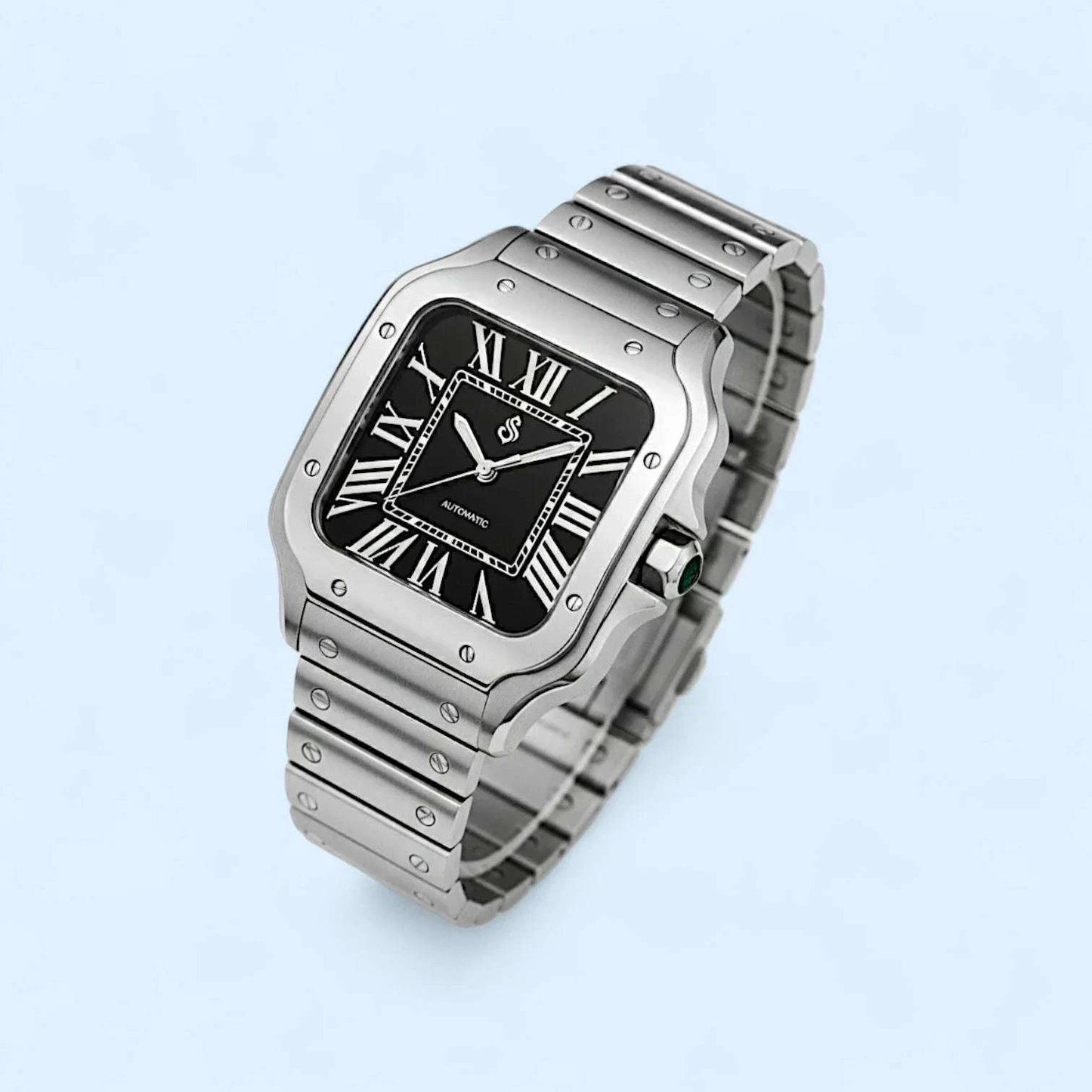 Santeiko silver case Seiko mod watch with black dial and stainless steel bracelet