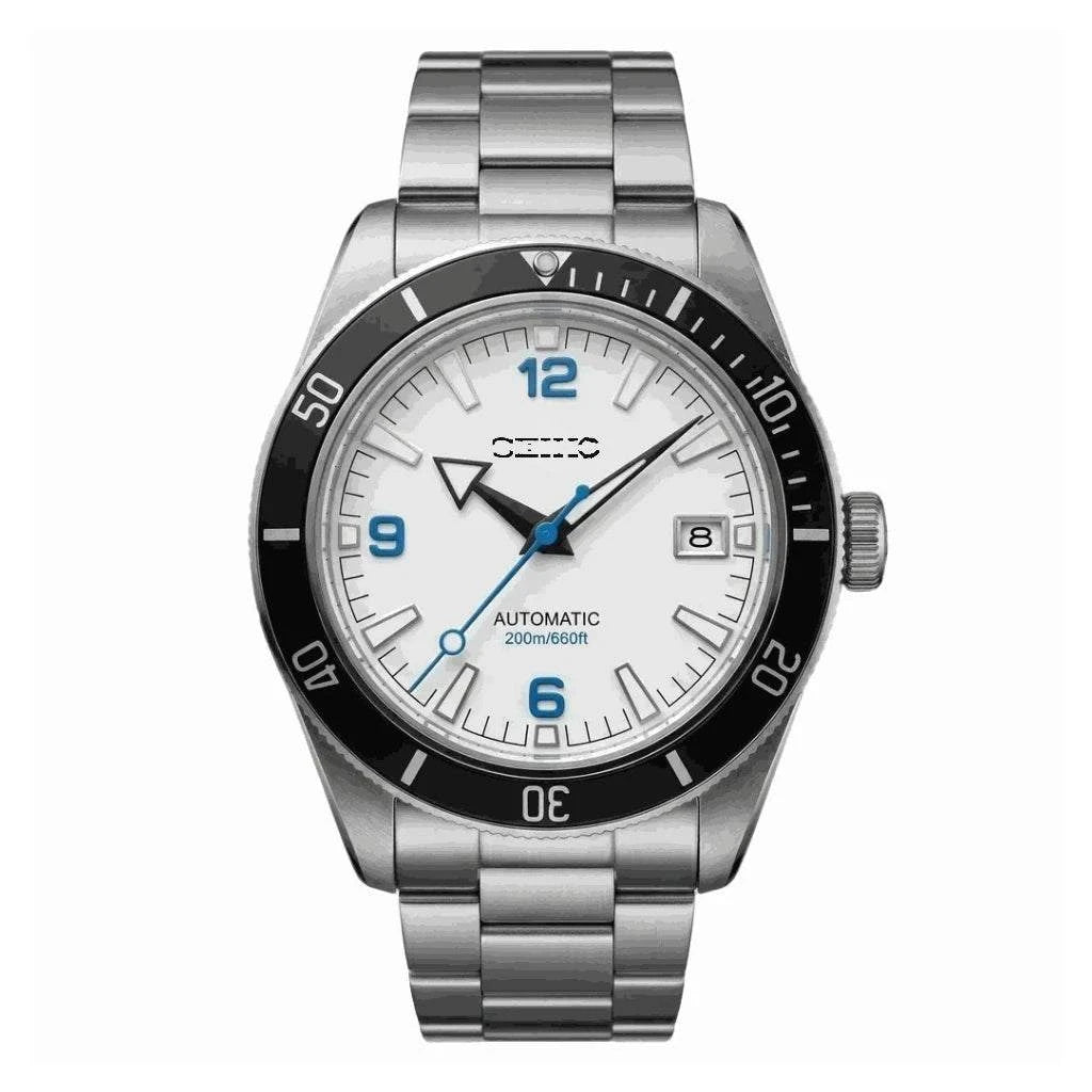 Seiko Mod Seamaster Tudor Fusion watch with a white dial and blue numbers by Modtime Creations 