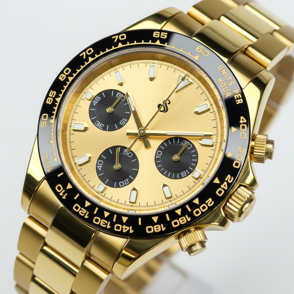 Seitona Gold Case Seiko Mod watch with gold black dial and VK63 hybrid chronograph movement