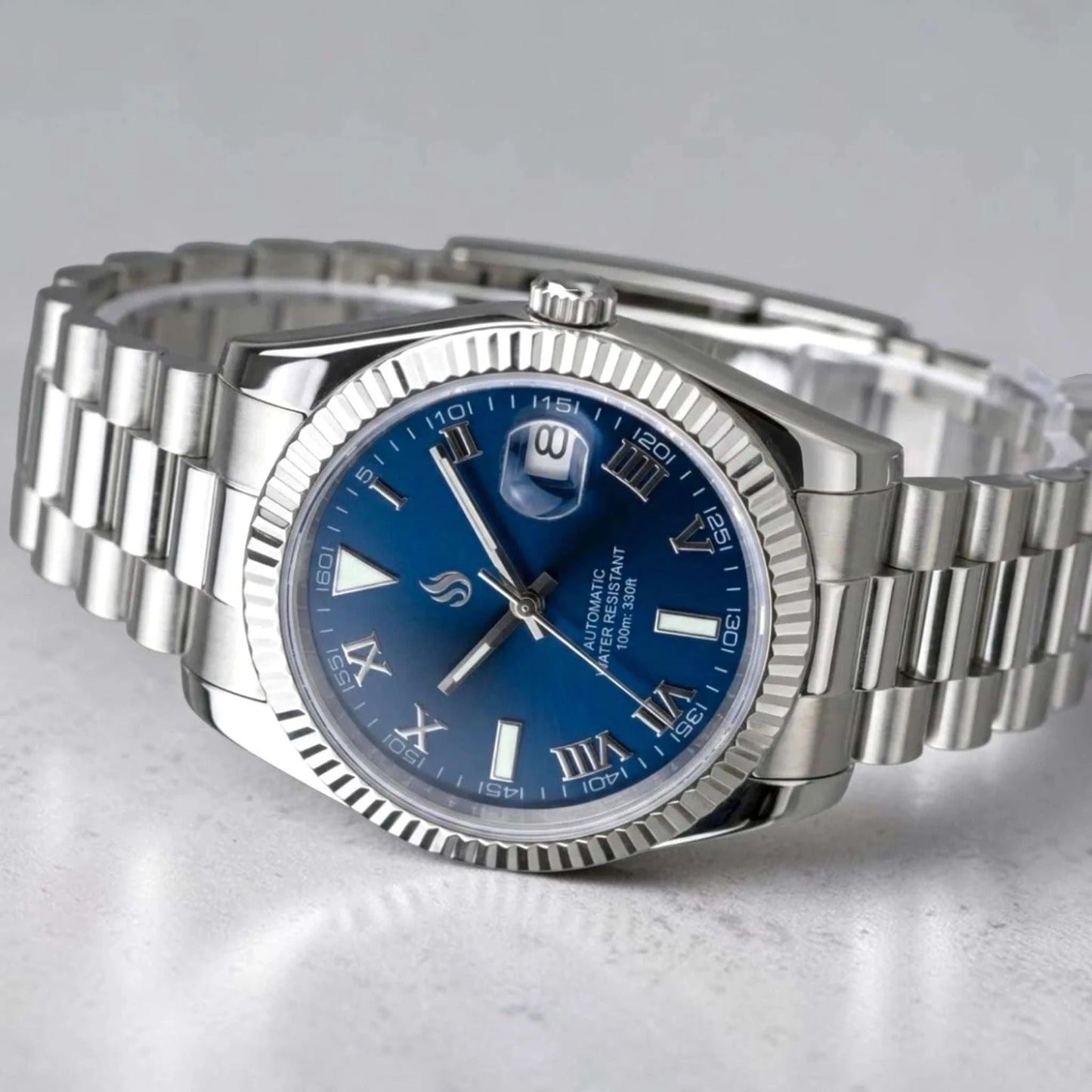 SeikJust Date Window Blue Roman Numeral Dial Mod Watch - Modtime Creations
