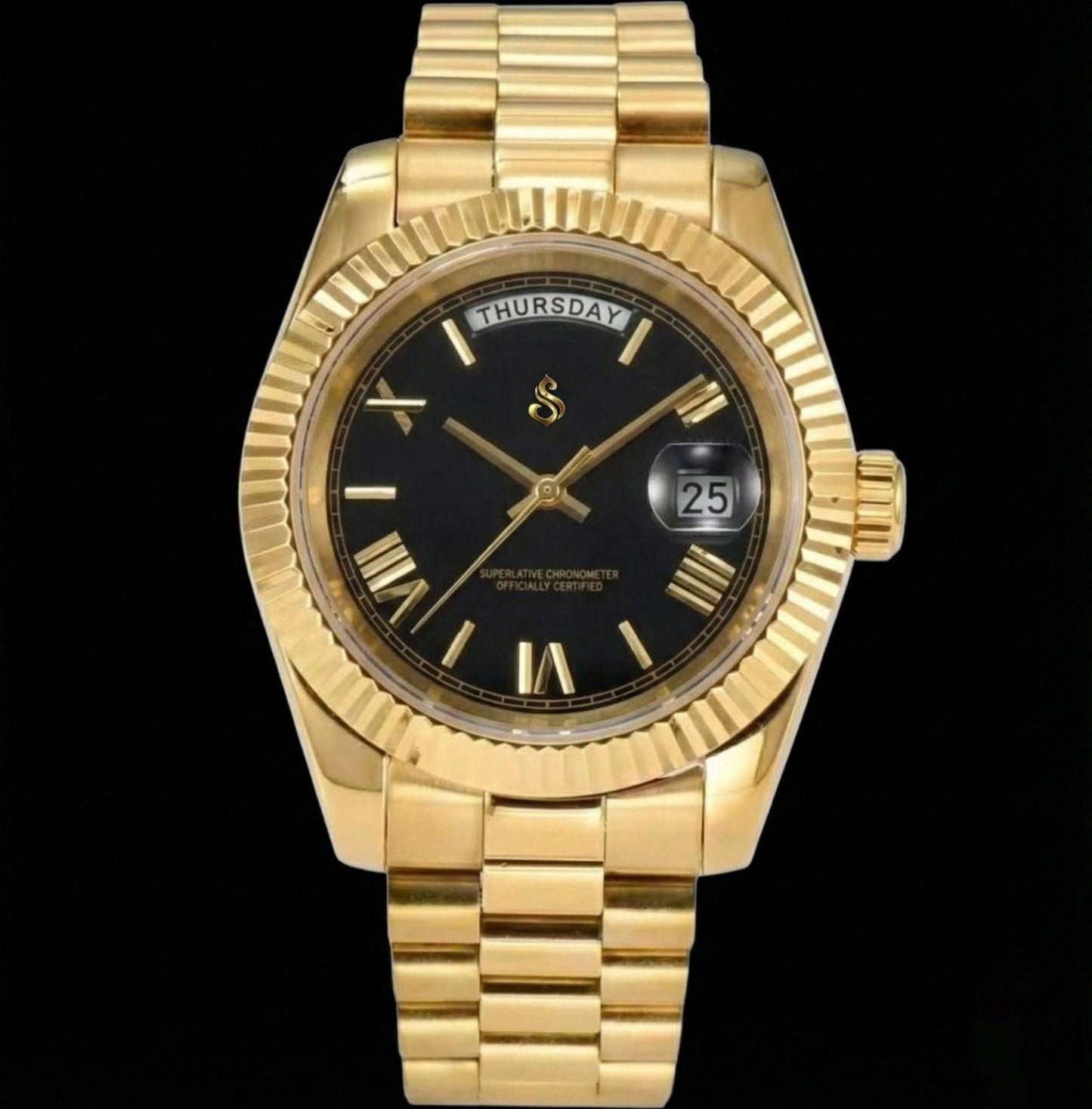 Modded Seiko Day & Date watch with black gold dial and Roman numerals from Modtime Creations