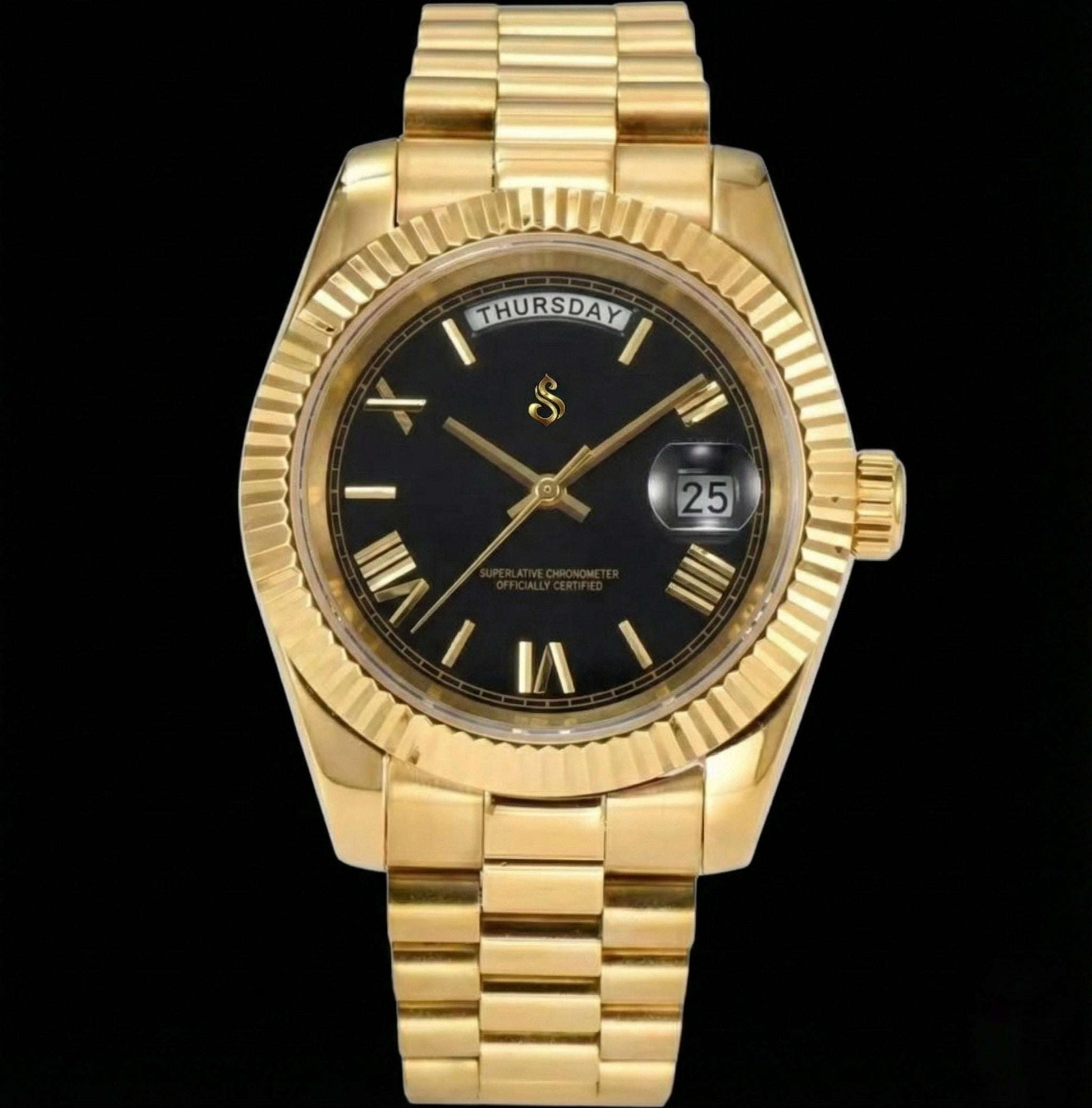 Modded Seiko Day & Date watch with black gold dial and Roman numerals from Modtime Creations