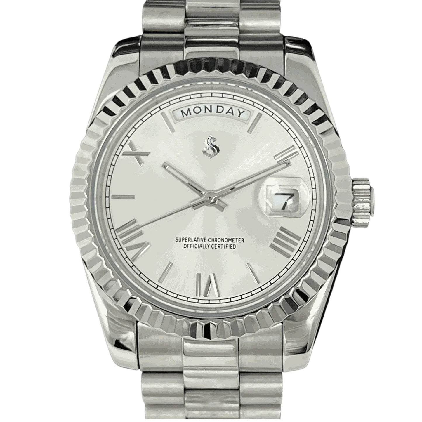 Modded Seiko Day & Date watch with silver white dial by Modtime Creations