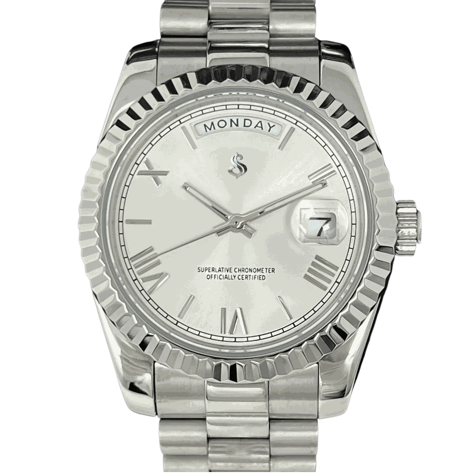 Modded Seiko Day & Date watch with silver white dial by Modtime Creations