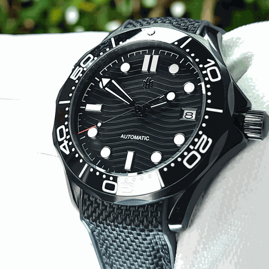 A Seiko Mod Omega Seamaster with a Black Dial being held in a white gloved hand 