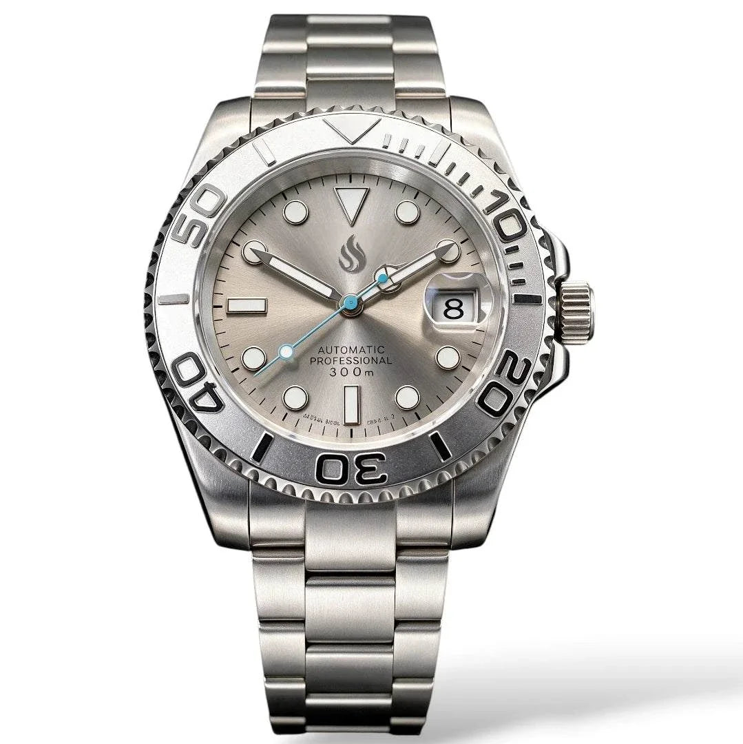 Modded Seiko Yachtmaster Rhodium luxury diver watch with sapphire crystal and stainless steel case