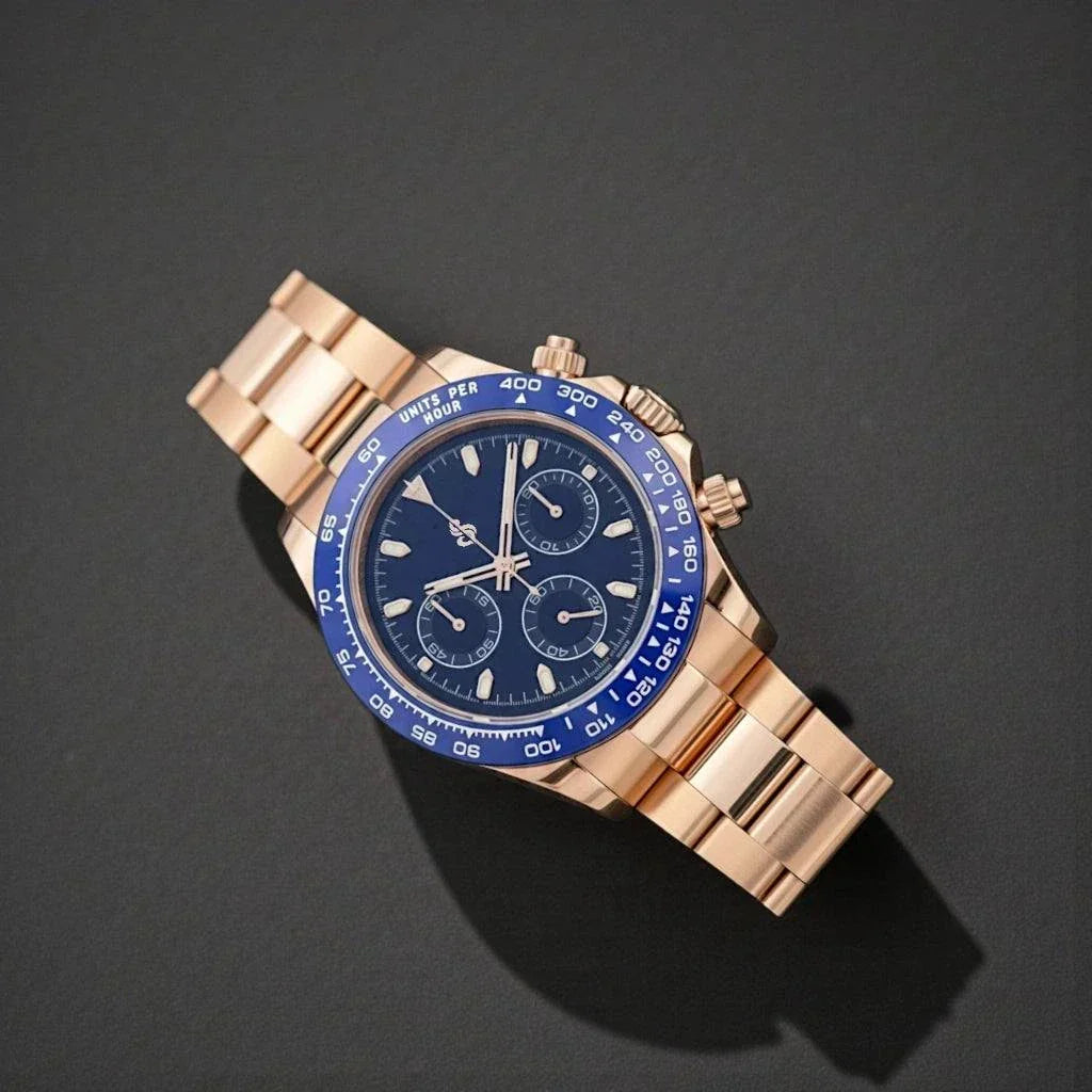 Seiko Mod Seitona rose gold watch with dark blue dial and bezel by Modtime