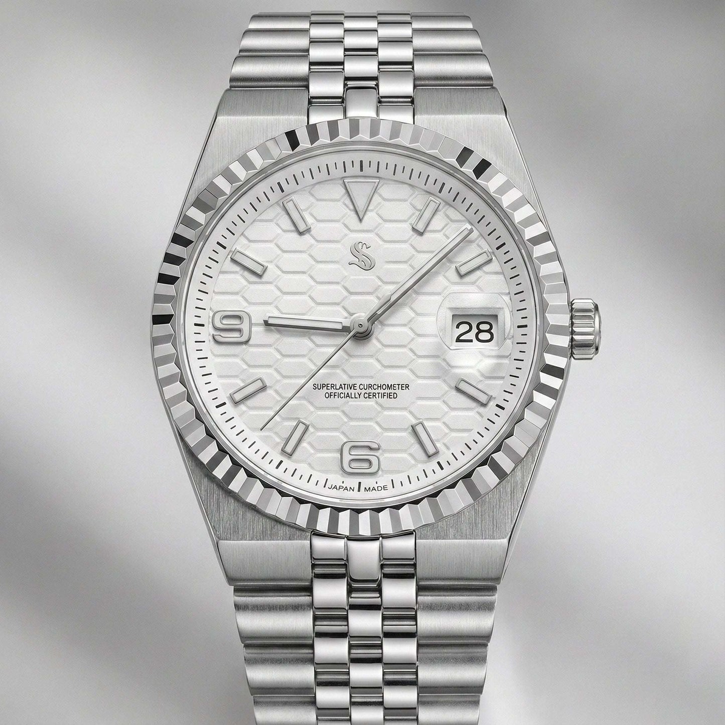 Seiko Mod Date Window white dial luxury watch by Modtime Creations with sapphire crystal and NH35 automatic movement