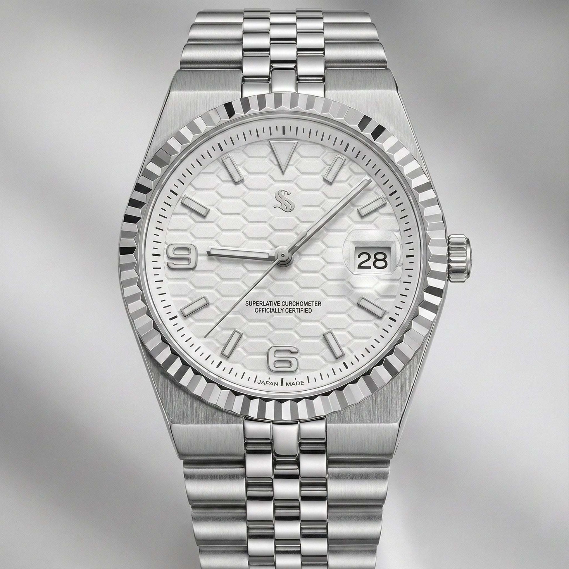 Seiko Mod Date Window white dial luxury watch by Modtime Creations with sapphire crystal and NH35 automatic movement