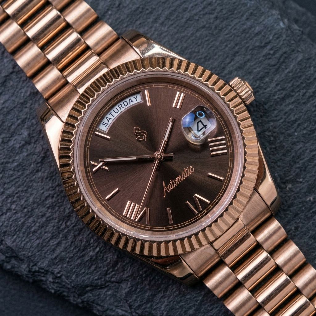 Modtime Modded Seiko watch with rose gold case and chocolate dial displaying day and date
