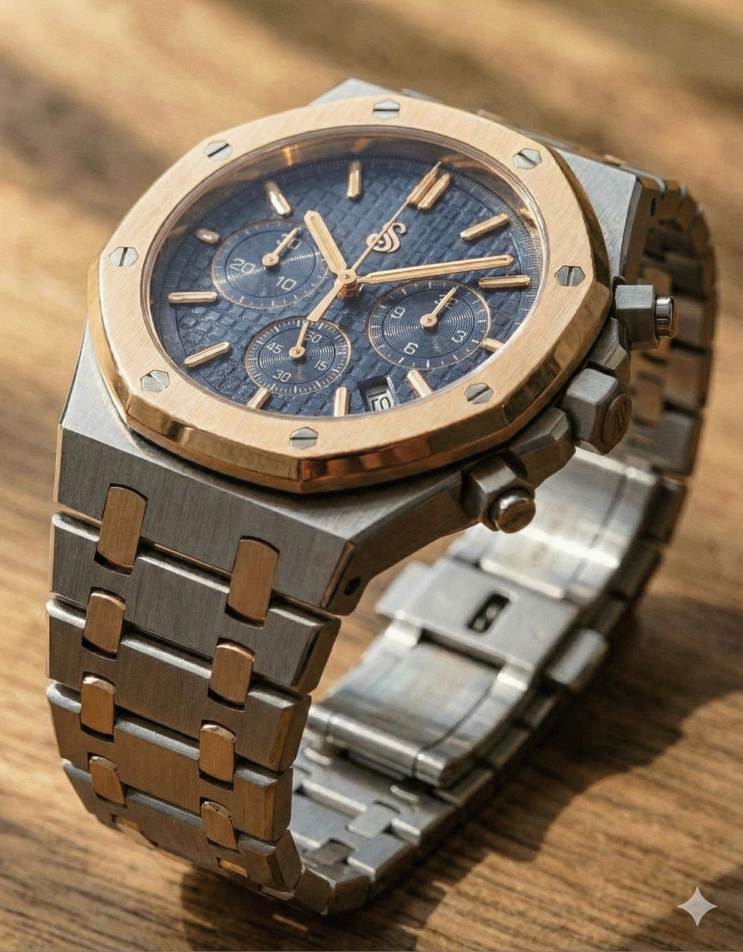 Modded Seiko Heritage Oak chronograph watch with two-tone blue dial by Modtime Creations