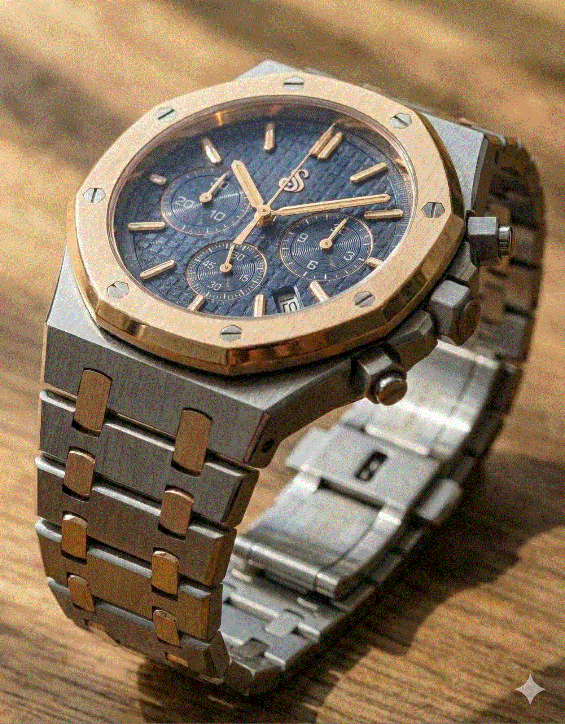 Modded Seiko Heritage Oak chronograph watch with two-tone blue dial by Modtime Creations