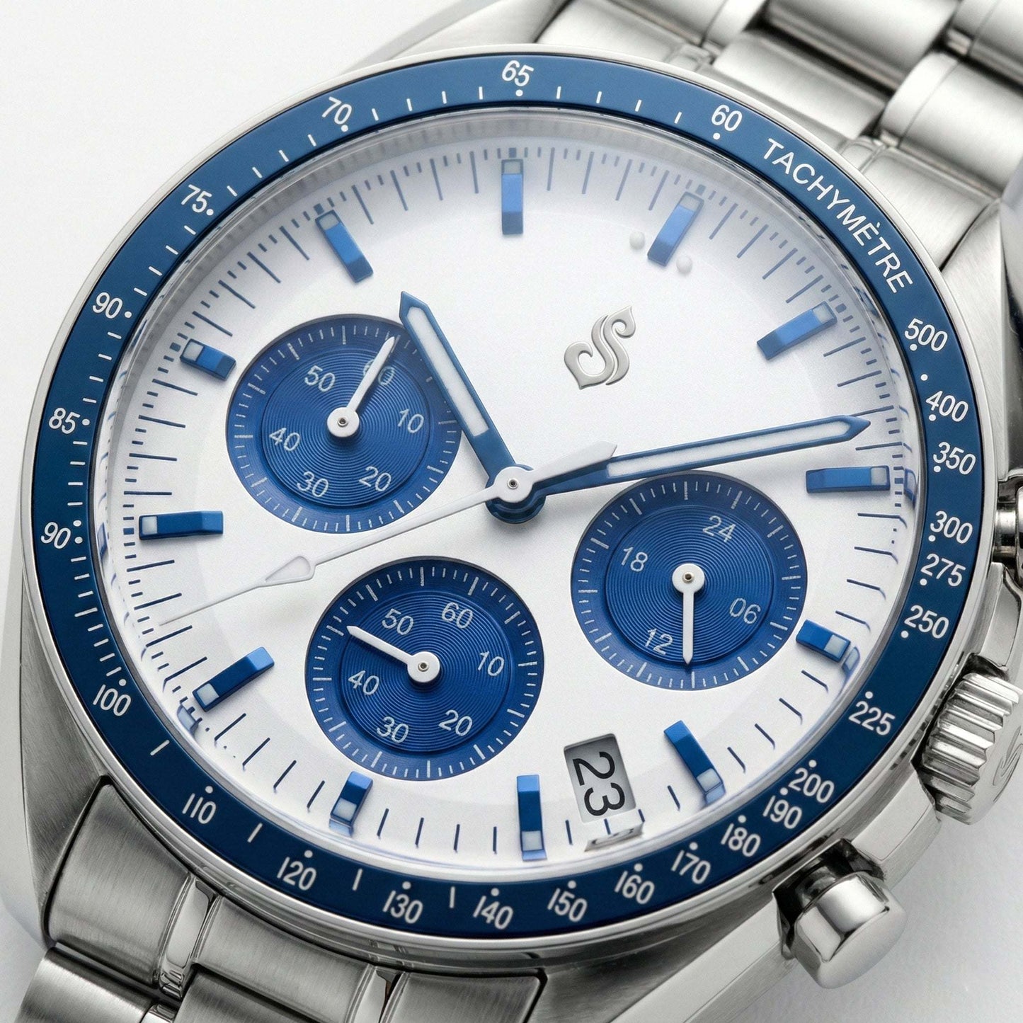 SeikSpeed Chronograph with white and blue dial, 41mm Seiko Mod luxury watch by Modtime Creations