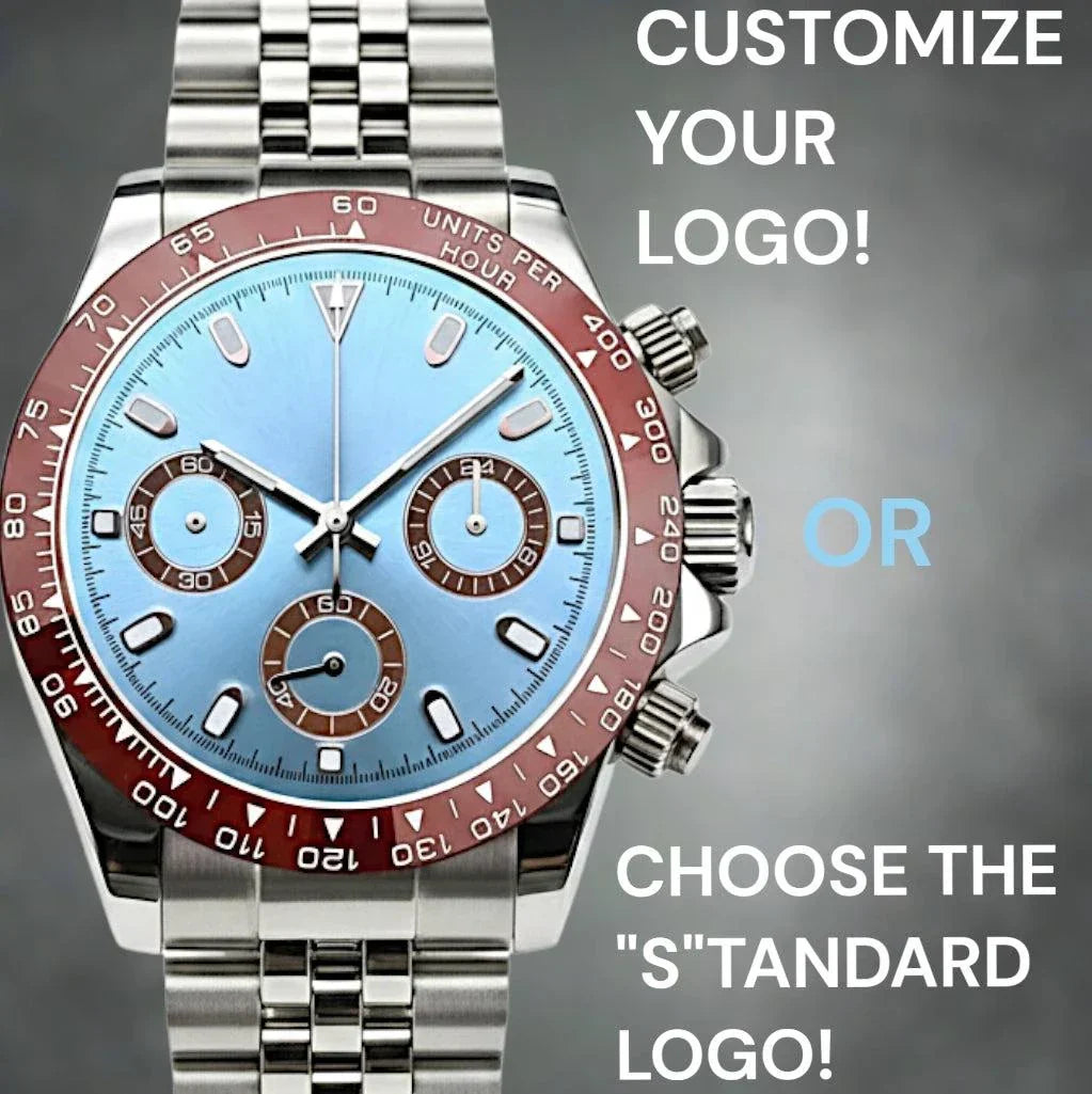 Seitona light blue brown bezel platinum Seiko Mod luxury chronograph watch close-up