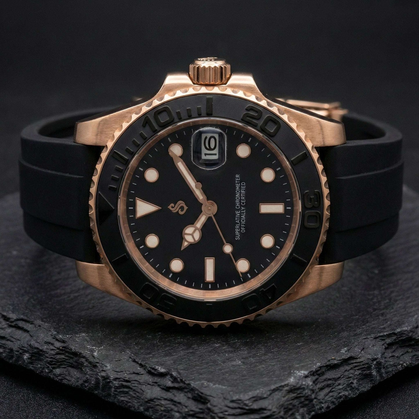 Seikmaster Black Rose Gold Diver Mod watch by Modtime, luxury modded Seiko with sapphire crystal and NH35 automatic movement
