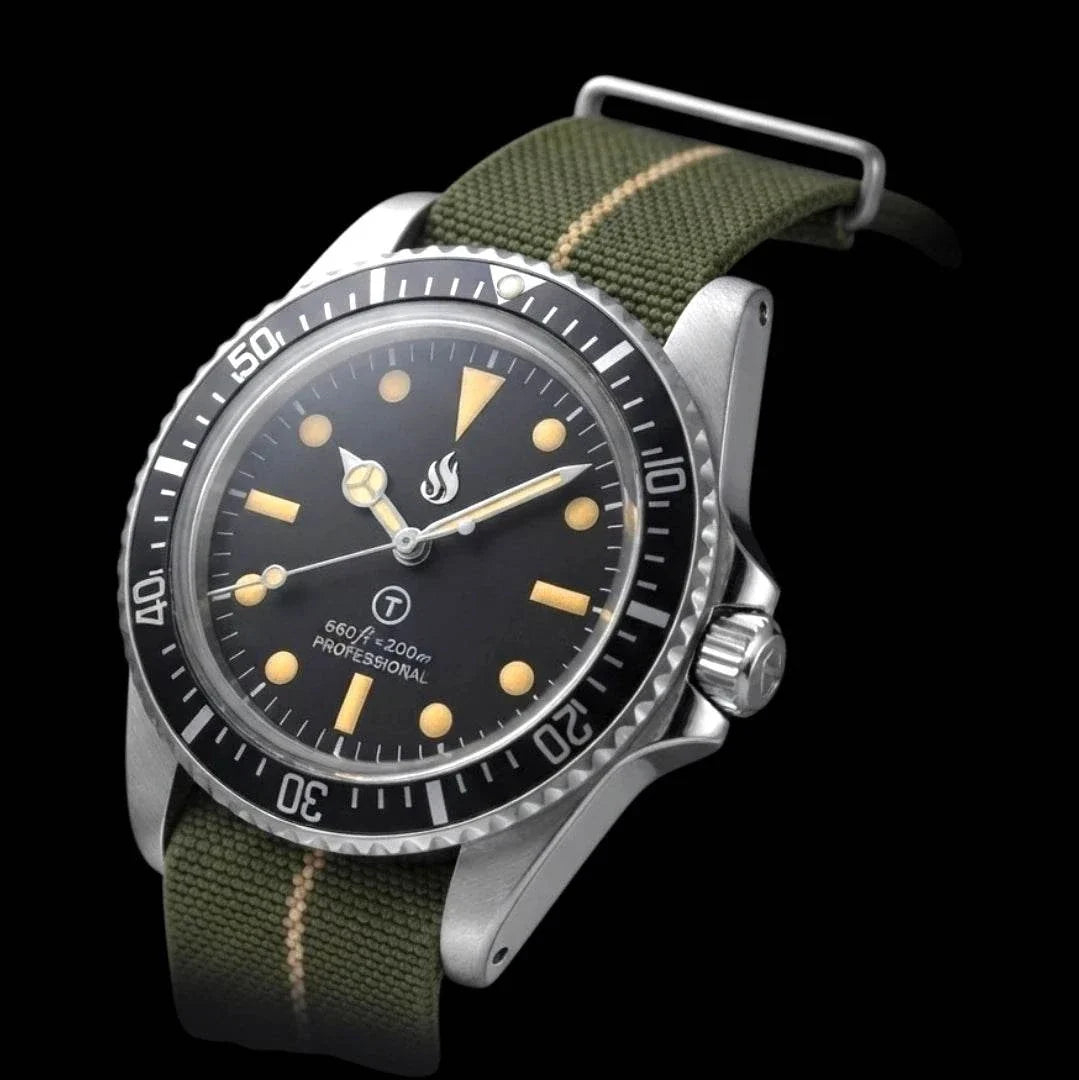 Seiko Mod Submariner Vintage Black Dial Watch with nato strap or stainless steel bracelet by Modtime Creations 