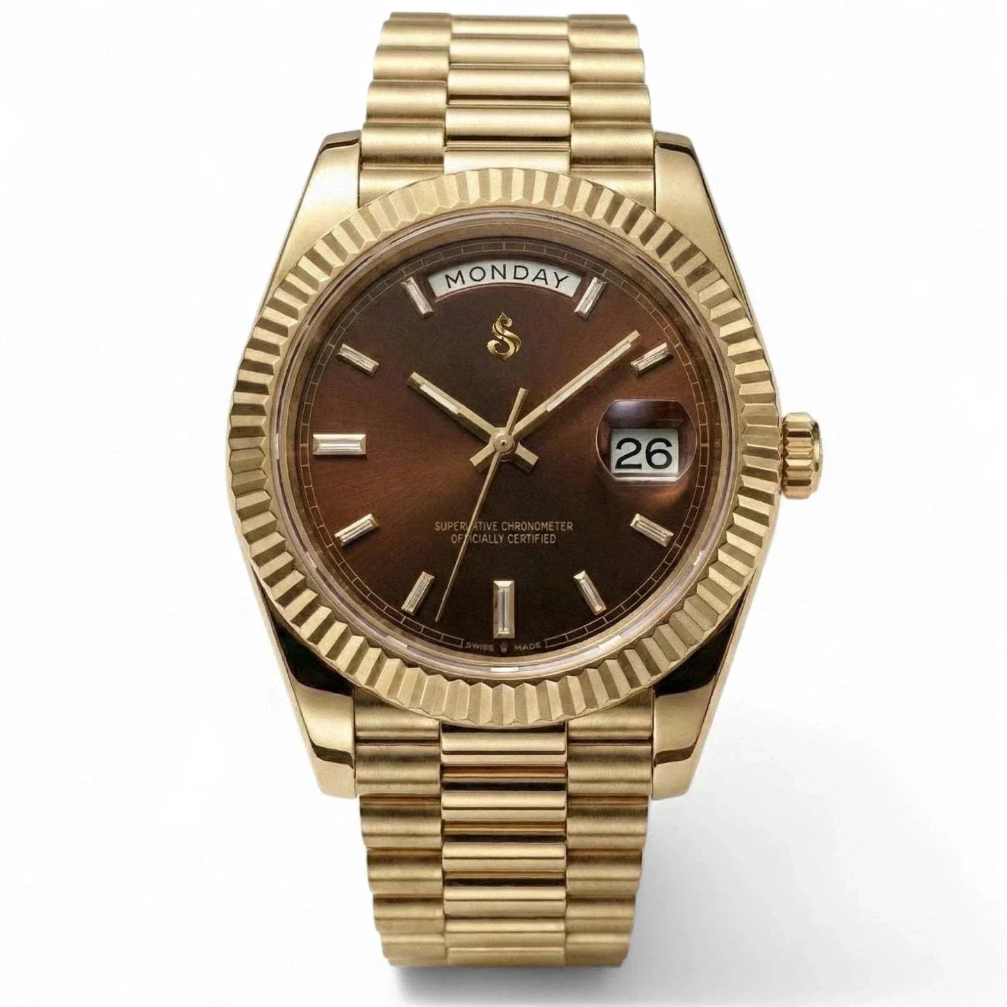 Modded Seiko watch with day and date chocolate dial and gold case by Modtime Creations