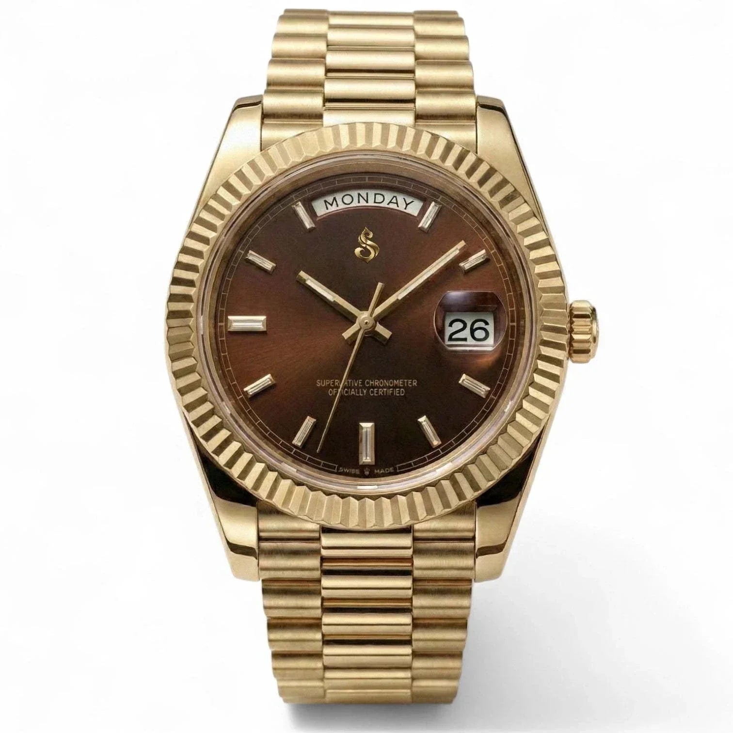 Modded Seiko watch with day and date chocolate dial and gold case by Modtime Creations