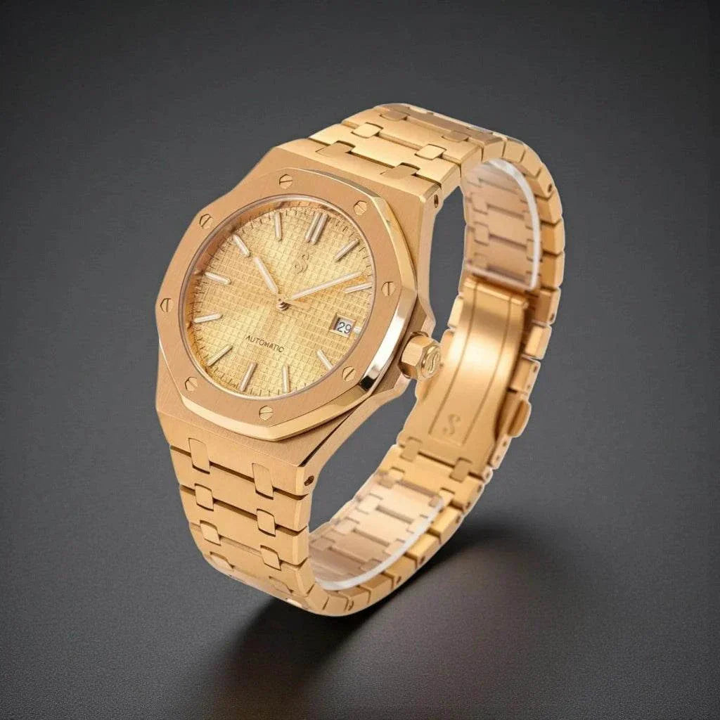 Seiko Mod Royal Oak Rose Gold custom watch with black dial and sapphire crystal