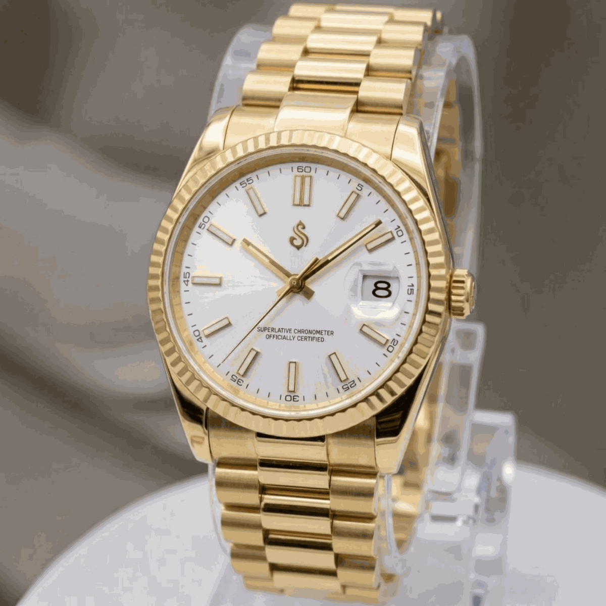 SeikJust Date Fenster Gold Weißes Zifferblatt Mod-Uhr - Modtime Creations
