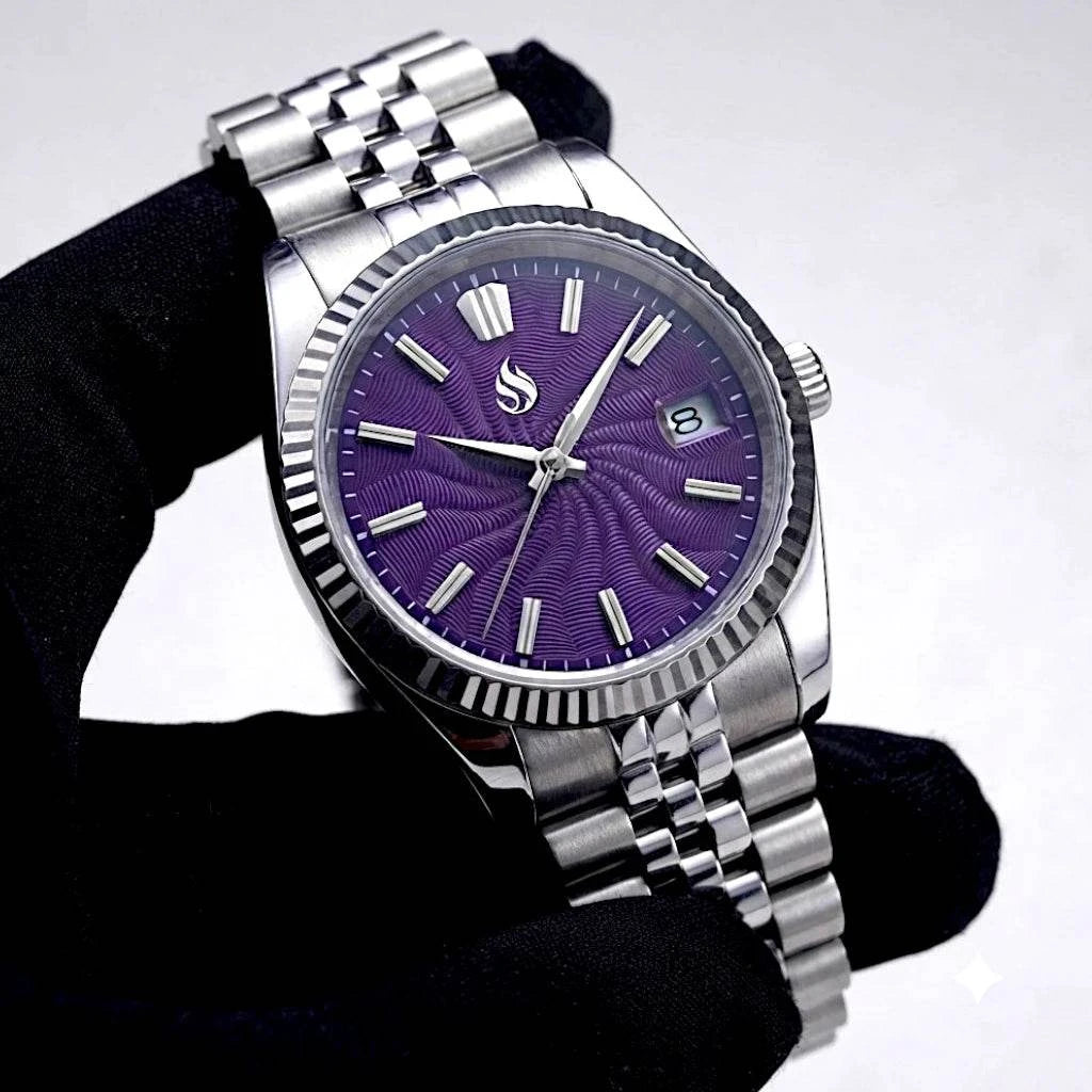 SeikJust Date Window "Grand Guilloche" Purple Dial Mod Watch - Modtime Creations