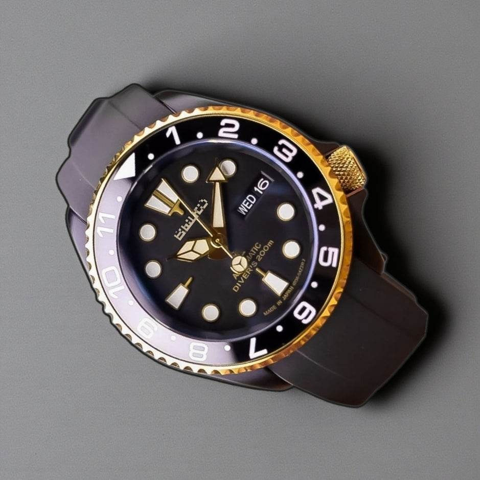 Seiko Mod Yachtmaster Diver Black Gold Stainless Steel Series at Modtime Creations