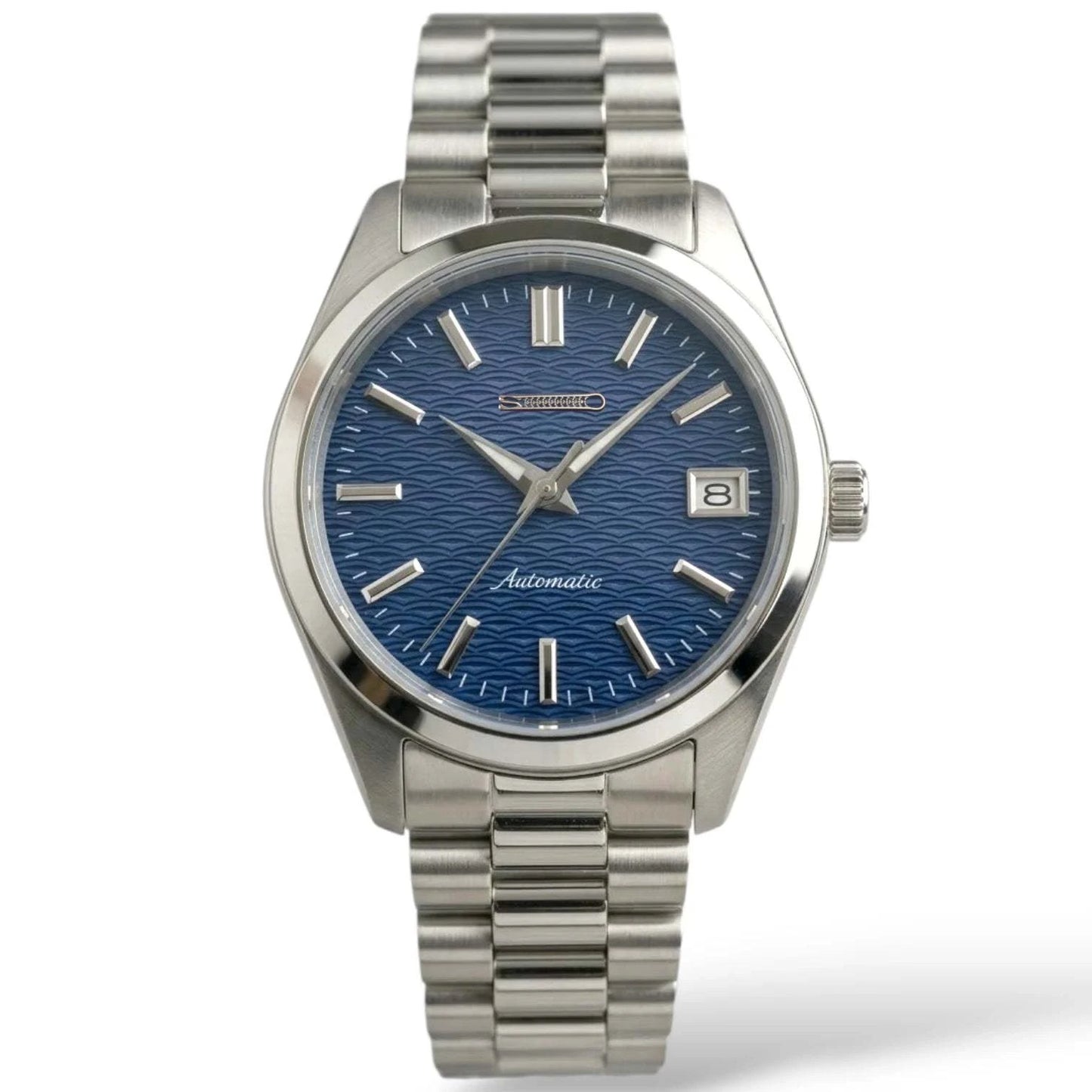 Date Window Silver Dark Blue Wave Dial Mod Watch - Modtime Creations