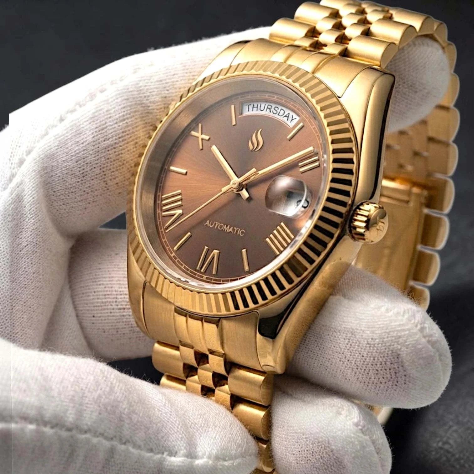 Seiko Mod DayDate watch with gold chocolate Roman numerals dial by Modtime Creations