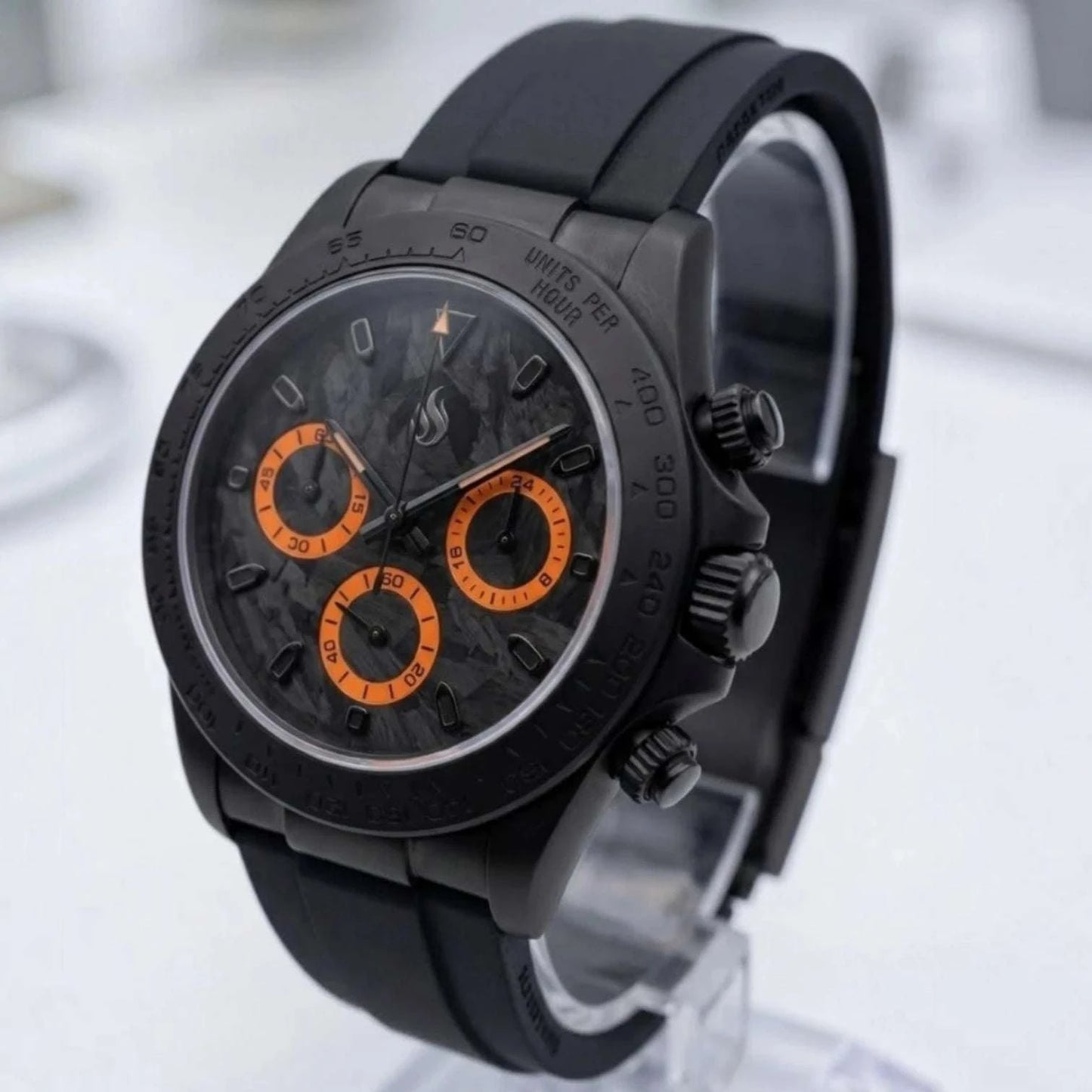 Seitona Mod Black Orange Carbon Fiber Dial Stealth Watch - Modtime