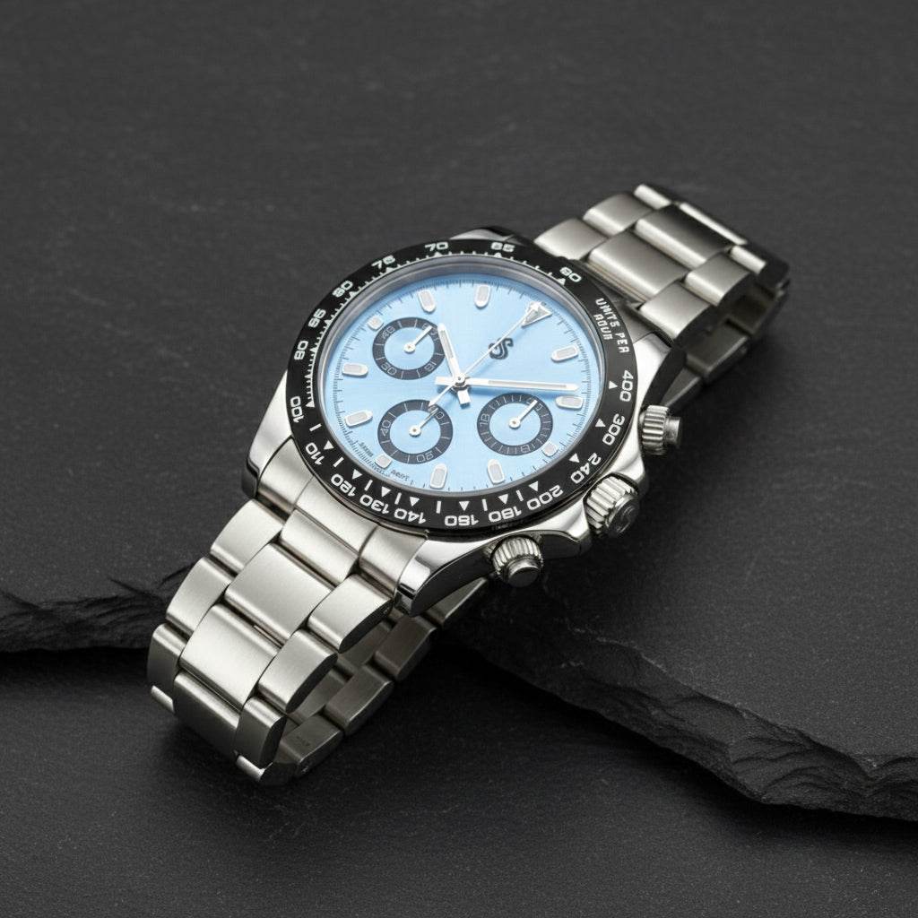 Seitona light blue Seiko Mod luxury 40mm chronograph watch with stainless steel bracelet