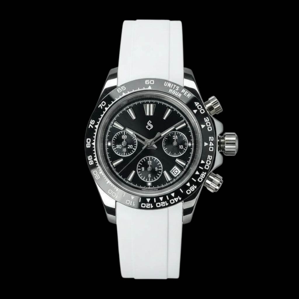 Grand Seitona black dial Seiko Mod chronograph watch with stainless steel bracelet and ceramic bezel